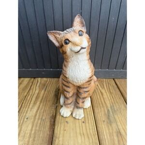 Vintage Orange Resin Tabby Cat Statue Realistic Eyes 12.5" Tall Indoor Outdoor